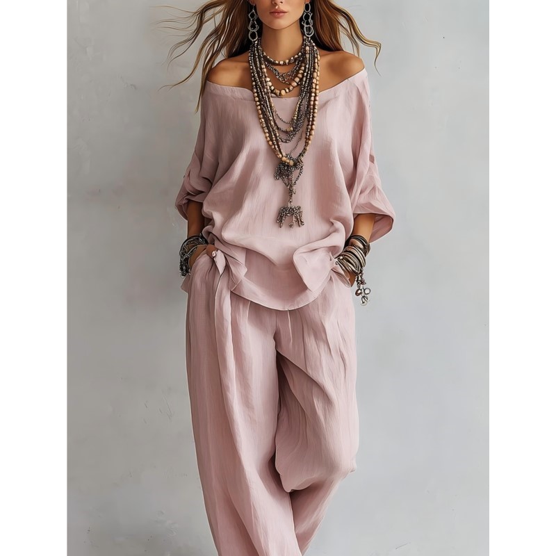 Linen Pant Wide - طقم نسائي صيفي جديد من قطعتين