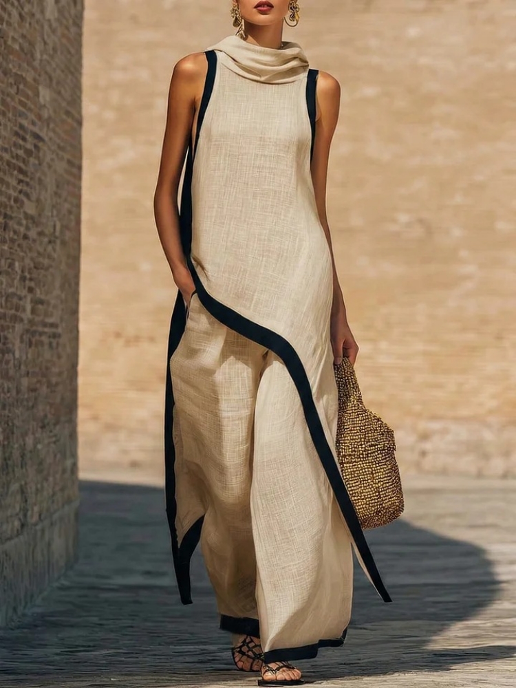 Linen Pant Wide - طقم نسائي من الكتان بألوان متباينة