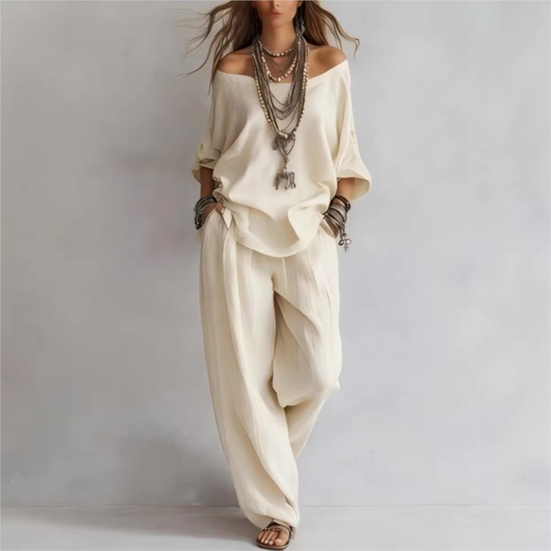 طقم نسائي صيفي جديد من قطعتين  - مراجعة Linen Pant Wide وسعره