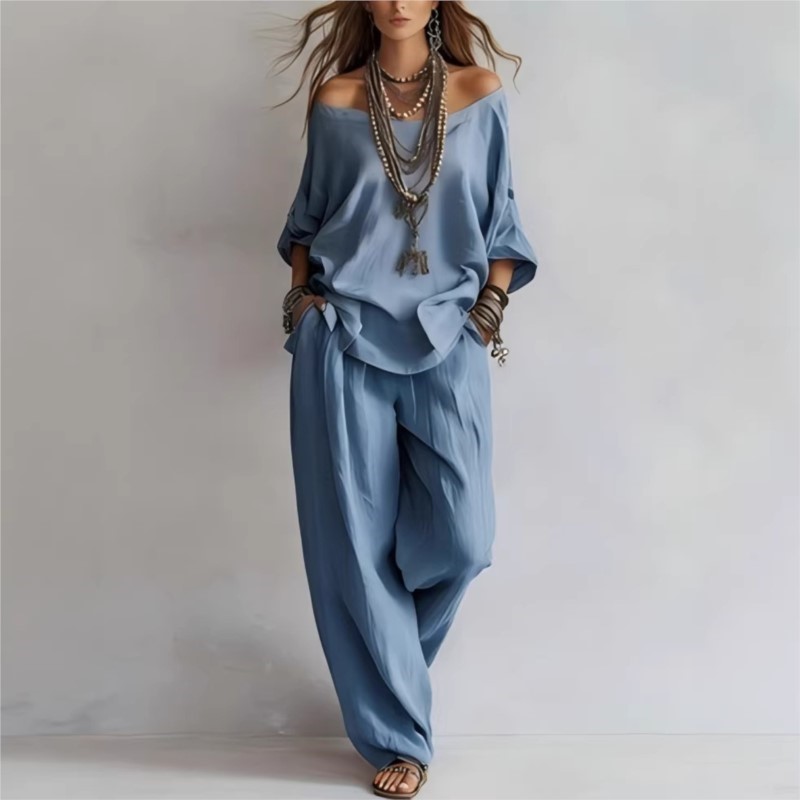 طقم نسائي صيفي جديد من قطعتين  - مراجعة Linen Pant Wide وسعره