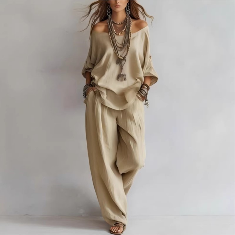 طقم نسائي صيفي جديد من قطعتين  - مراجعة Linen Pant Wide وسعره