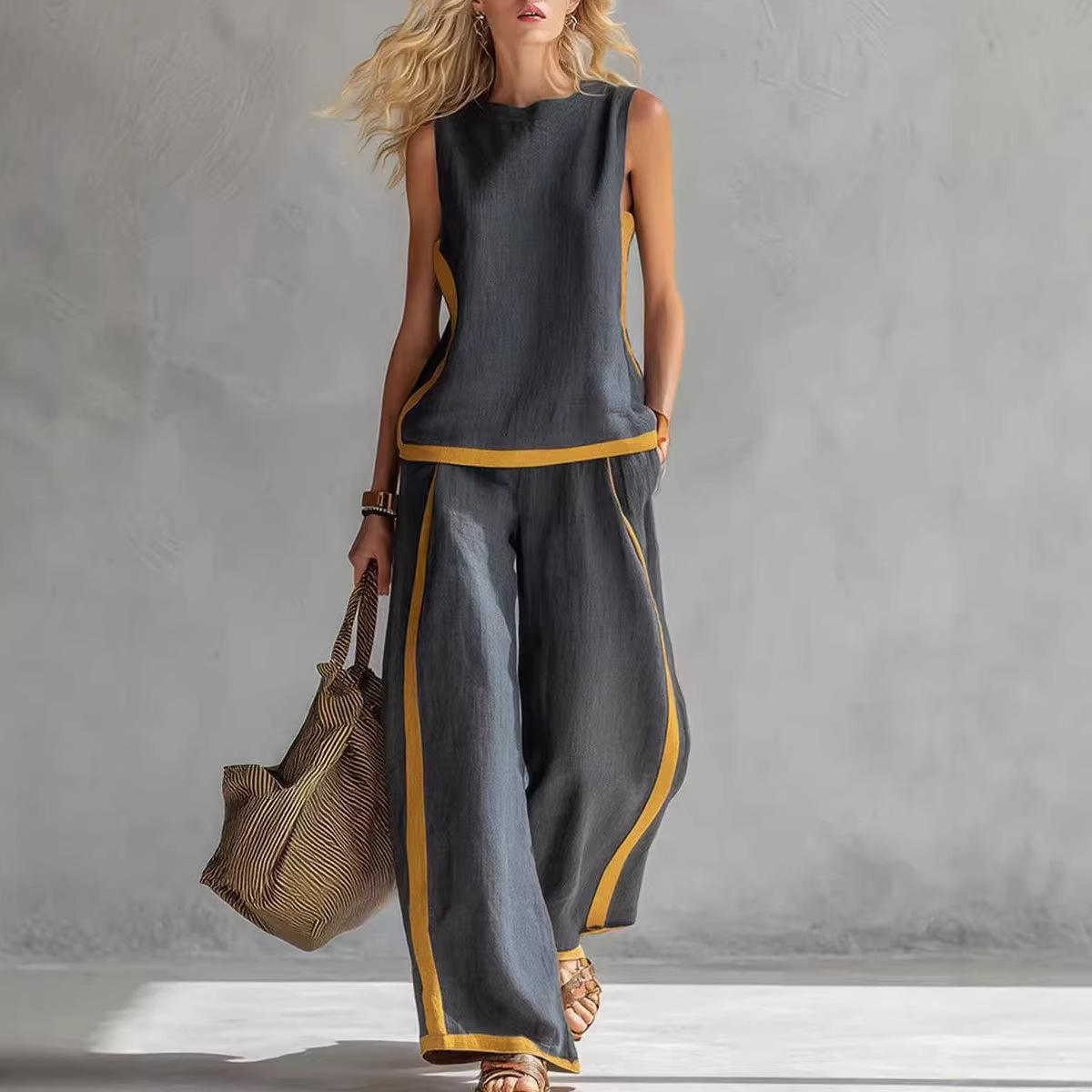 طقم نسائي من قطعتين من الكتان  - مراجعة Linen Pant Wide وسعره